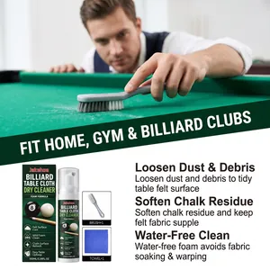 Billiard table cloth dry cleaner kit with foam spray, brush, and towel for maintenance