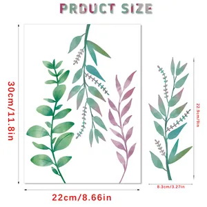 Detailed dimension guide for Nordic style green botanical leaf wall stickers for home decor