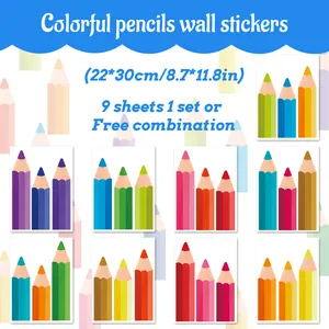 Detailed view of 9 sheets colorful pencil wall stickers set 22x30cm for classroom decor