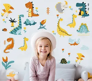 Charming hand-drawn cartoon dinosaur wall stickers shown in a cozy nursery room setting
