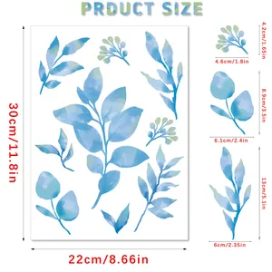 Detailed dimension chart for watercolor blue leaf wall stickers showing 30x22cm sheet size