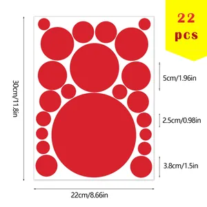 Detailed view of 22-piece red circular wall stickers with specific size dimensions