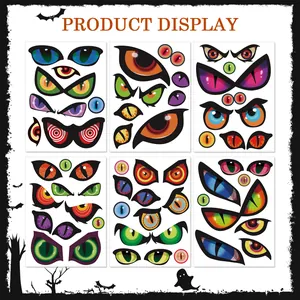Vue détaillée de six feuilles contenant divers autocollants d'yeux d'Halloween effrayants
