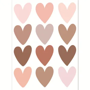 A detailed view showing multicolored heart-shaped wall stickers in soft earthy tones
