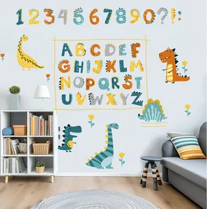 Detail of colorful cartoon dinosaur alphabet and number wall decals in kids room