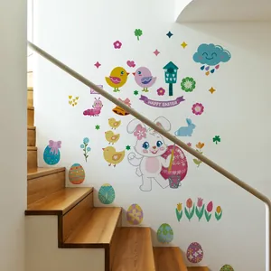 Vibrant Easter wall stickers with rabbit and eggs displayed on a white staircase wall