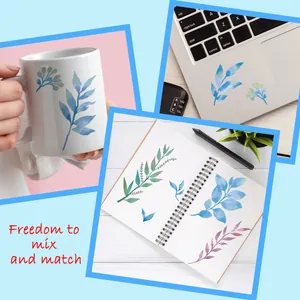 Watercolor leaf stickers applied to a mug, laptop, and notebook for creative DIY decor.