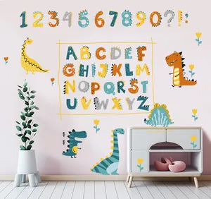 Cute cartoon dinosaur wall stickers set with alphabet and numbers in a kids bedroom scene