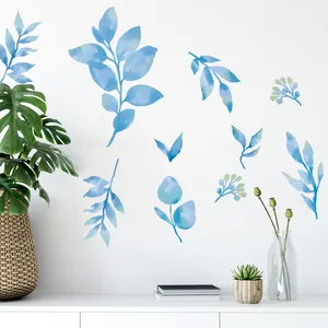 Blue watercolor leaf wall decals for modern Nordic style living room or bedroom decor