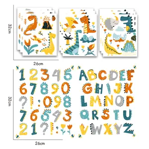 Cartoon dinosaur wall sticker set featuring colorful numbers and alphabet, 26x32cm sheets