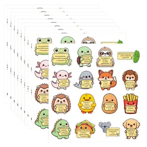 Detailed view of cute cartoon animal stickers featuring Spanish motivational quotes for journaling
