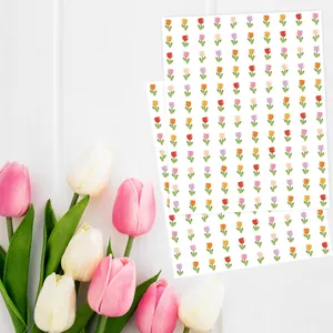 Vista detallada de mini pegatinas de tulipanes de colores para álbumes de recortes