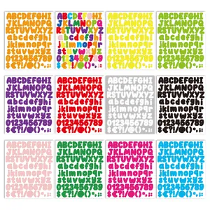 Detailed view of 12 color sets of alphabet and number stickers for DIY crafts