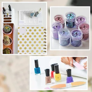 Collage showing calendar date stickers on a planner with jars of colorful nail glitter