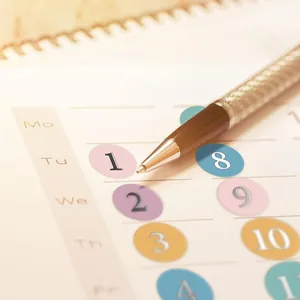 Detailed view of colorful round date stickers with silver foil numbers in a planner