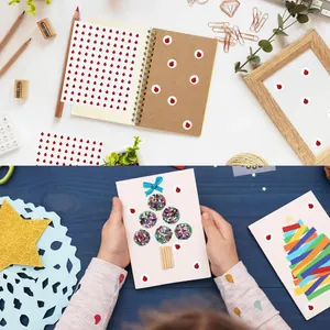 Cute ladybug stickers applied to notebooks and handmade cards for kids' DIY crafts