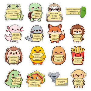 Set of cute animal stickers with Spanish motivational quotes for journals and planners