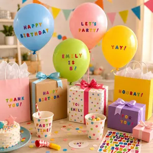 Detailed view of colorful 1-inch alphabet and number stickers used for party decorations.