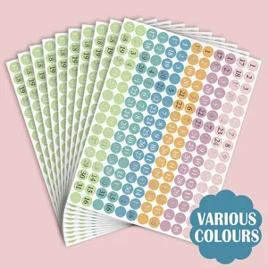 Detailed view of colorful calendar date dot stickers for planner decoration, 1 to 31 numbers