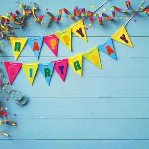 Colorful 2-inch alphabet stickers on felt bunting banners for birthday party decor