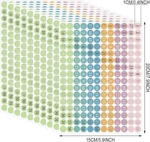 Macro view showing dimensions of 192 colorful date dot stickers for your planner