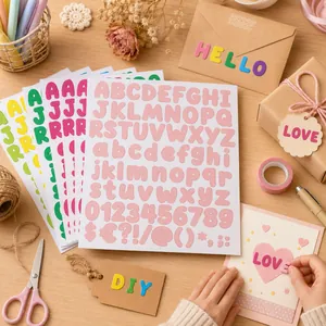 Close-up of colorful alphabet and number stickers used for DIY gift card decoration