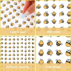 Vista detallada de cuatro paneles de pegatinas de abejas, mostrando fácil despegue y diseño.