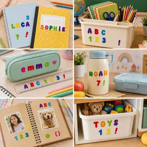 Detailed view of colorful 1-inch alphabet and number stickers used on school supplies.
