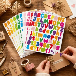 Detailed view of colorful 1-inch alphabet and number stickers for DIY journaling