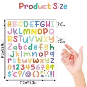 Detailed product dimensions for colorful alphabet and number waterproof DIY craft stickers