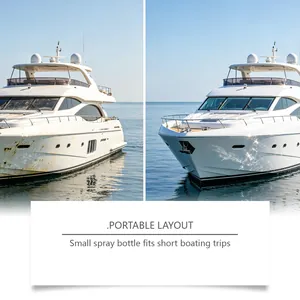 Vue détaillée de l'effet de nettoyage avant et après sur la coque d'un yacht blanc.