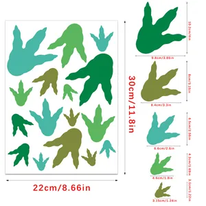 Detailed view of colorful dinosaur footprint wall stickers with specific dimensions