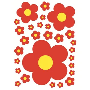 Cute red and yellow hippie flower wall decals set for kindergarten decoration in various sizes
