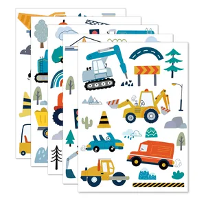 Set of 5 cartoon construction vehicle wall stickers with excavators and trucks for kids room