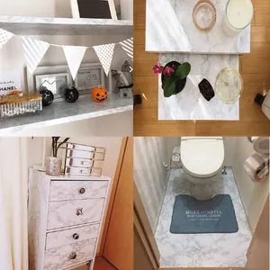Collage von Marmor-Klebefolie auf Regalen, Schränken und Badezimmerböden im Einsatz.