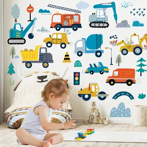 Detailed lifestyle scene of cartoon construction vehicle wall stickers in kids' room