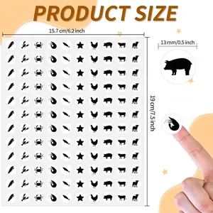 Detailed dimensions of black animal reward sticker sheet and individual stickers