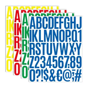 Detailed view of 4 colorful waterproof 2-inch alphabet and number sticker sheets for signs