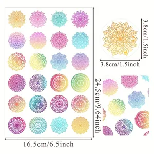 Detail view of 3.8cm colorful mandala stickers on a 16.5x24.5cm sheet with dimensions