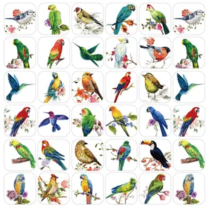 Detailed collection of thirty-six unique watercolor bird stickers for scrapbooking