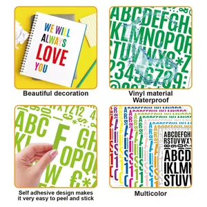 Detail of waterproof vinyl alphabet and number stickers with self-adhesive peel-off design.