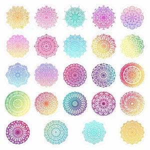 Detailed grid view showcasing 24 unique colorful mandala round stickers for scrapbooking.