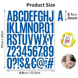 Detailed dimension chart showing 2-inch waterproof alphabet and number stickers set