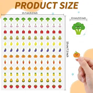 Guía de tallas para pegatinas de frutas y verduras de 13 mm para niños y maestros