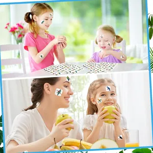 Playful lifestyle scene featuring colorful hummingbird stickers applied to faces and arms