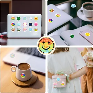 Diverse cartoon emoji stickers shown on laptop, mug, and gift box for DIY scrapbooking.