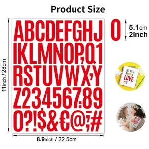 2-inch waterproof red alphabet and number stickers with size dimensions