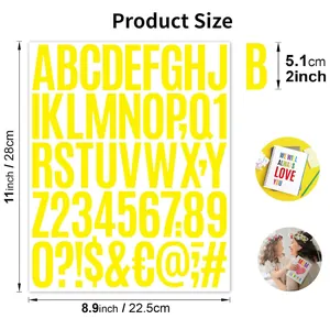 Close-up detail of 2-inch yellow waterproof alphabet number stickers with sizes