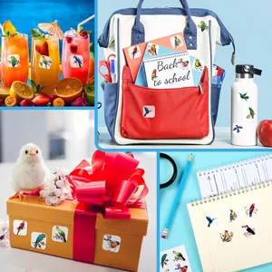 Waterproof bird stickers decorating a backpack, water bottle, and notebooks for school
