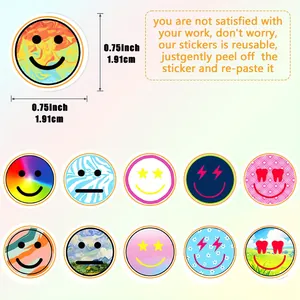 Detailed view of various 0.75-inch colorful smiley face stickers with size markings
